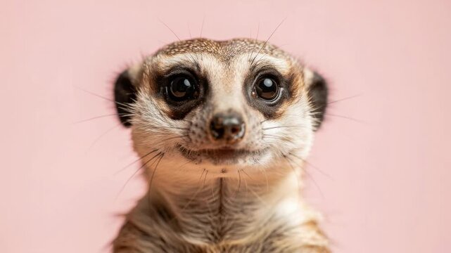 Adorable curious meerkat with big shining eyes and soft fur on pastel pink background