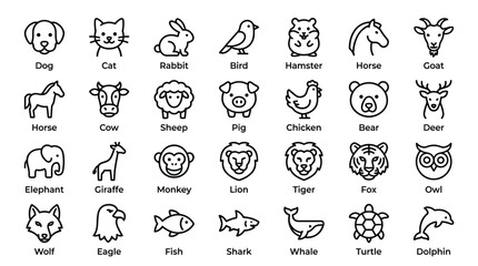 Minimalist animal line icon set featuring domestic pets wild creatures and marine life including dog cat rabbit bird hamster horse goat cow sheep pig chicken bear. © KANIKA9966