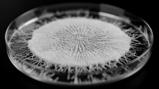 Time lapse of white fungal colony growth spreading intricate thread like mycelium on natural surface
