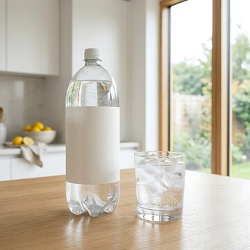 Clear plastic water bottle and a glass on a wooden table in a bright kitchen. 2 liter soda