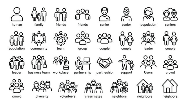 People and social group icons representing community diversity friends families business teams partnership and various social interactions for user interface design.