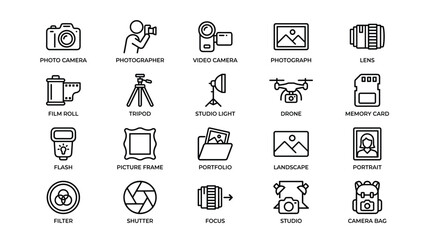 Fototapeta premium Photography and camera line icon set including photographer photo camera video camera photograph lens film roll tripod studio light drone and memory card symbols.