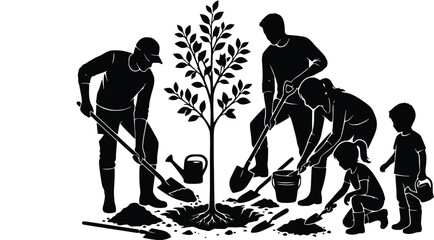 Black silhouette of family planting a tree together, community gardening and reforestation concept, group of people with shovels and watering cans © AjmiraKhatun