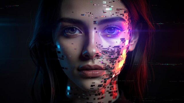 Hyper realistic digital portrait of a glitching pixelated woman face with vibrant colors and futuristic effect
