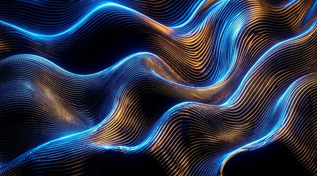 Vibrant blue and orange wavy lines on a black background with glowing effect