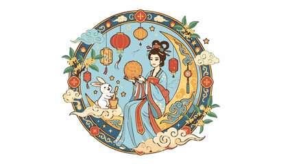 Elegant Chinese Moon Goddess with Mooncake and Jade Rabbit Mid Autumn Festival Flat Vector Design © MstLutfa