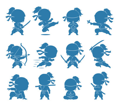 Chibi Ninja Girl Action Pose Set Vector Illustration for Martial Arts, Sticker and Mascot Design
