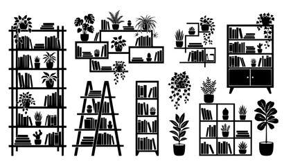 Black Silhouette Bookshelves with Plants Vector Set EPS10 © MD