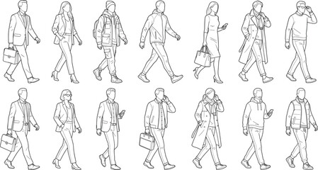 Obraz premium Minimalist walking figure line drawing collection showing diverse people in business, casual, and outerwear clothing with accessories
