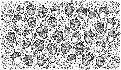 Detailed hand drawn acorn pattern with oak leaves and forest elements botanical handdrawn background illustration monochrome engraving detailed creative decoration seasonal wallpaper © Kanon Islam