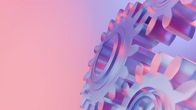Close up of interlocking gears rotating in a futuristic mechanical system with purple and pink lighting