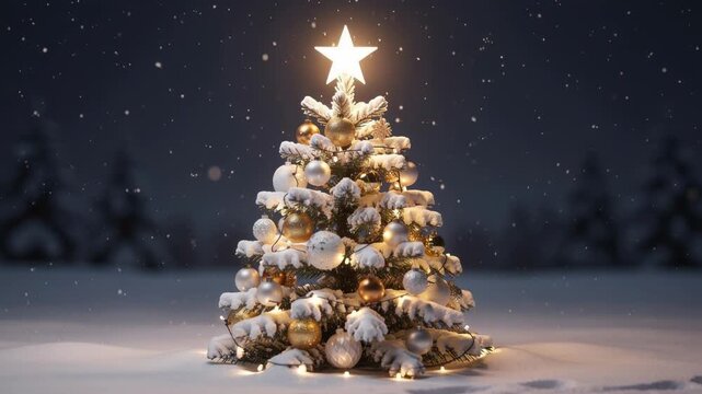 Beautifully decorated Christmas tree glowing in a peaceful snowy forest during winter holiday season