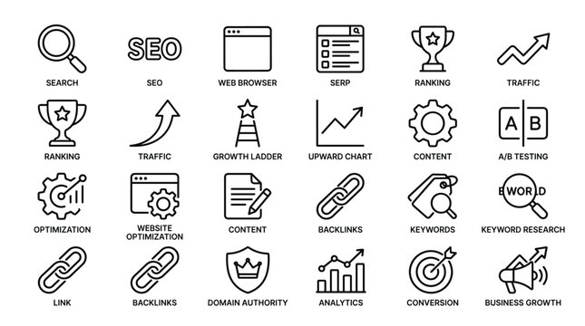SEO and marketing line icons, search optimization, web browser, SERP, ranking, traffic, growth ladder, upward chart, content, a/b testing.