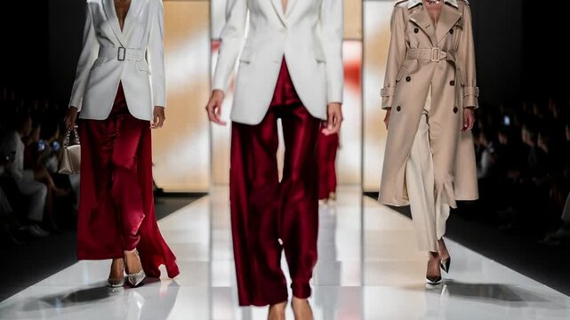 Elegant models confidently walking runway showcasing chic white blazers fashion show style