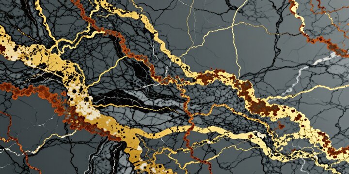 Dark grey marble stone slab background with dramatic gold and rust veining. Polished natural mineral texture with metallic accents. Sophisticated luxury abstract pattern. Elegant surface design.