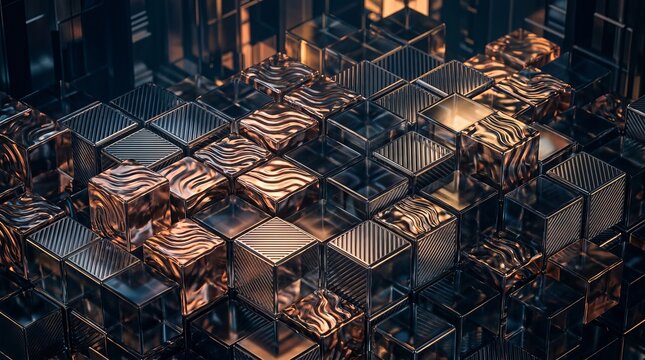 A 3d rendering of a metallic grid with reflective cubes and wavy patterns