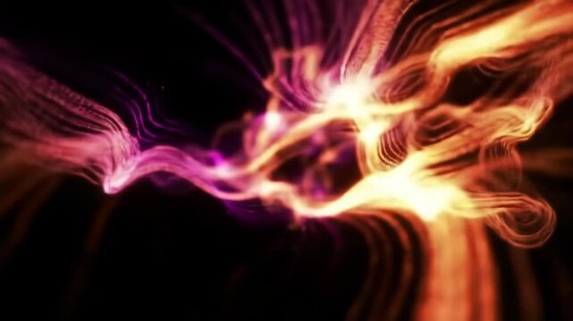 Abstract background featuring vibrant orange, gold, and purple light streaks creating a cosmic display of flowing wavy energy lines and glowing nebular textures on a black field.