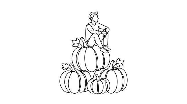 A line art illustration of a person sitting on a stack of pumpkins.