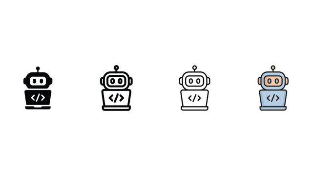 Four robot icons with coding symbols on their screens in different colors and styles  technology and programming concept