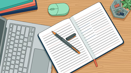 Fototapeta premium overhead view of a laptop notebook pen and mouse on a wooden desk