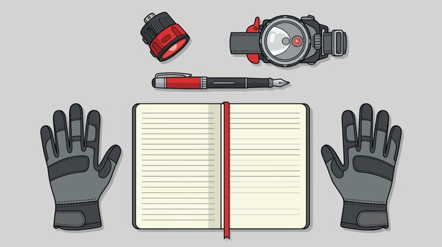 writers tools including gloves pen notebook and headlamps for outdoor adventures