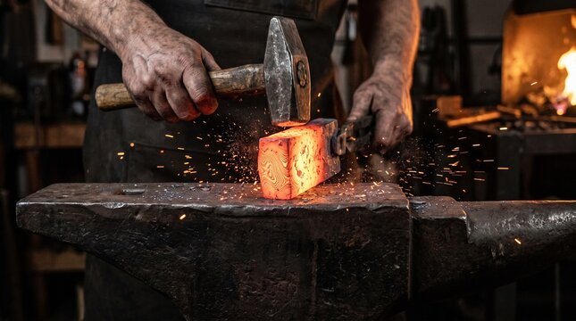 Blacksmith hammering red hot glowing damascus steel on a traditional anvil in a dark workshop with sparks flying