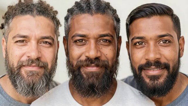 Close-up portraits of four men showing expressions and facial hair.