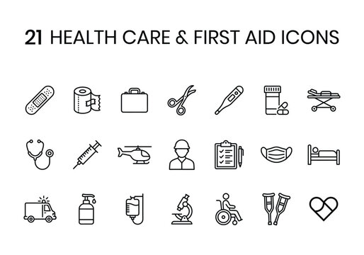 Collection of 24 black linear health care and first aid icons for medical applications and emergency services