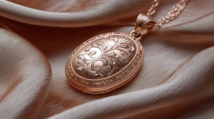 Naklejka premium Elegant Rose Gold Locket with Intricate Engravings on Silk Fabric.