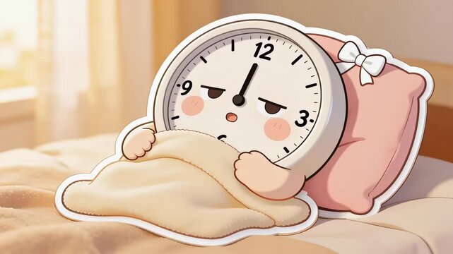 Cute Alarm Clock Character Waking Up in Bed.