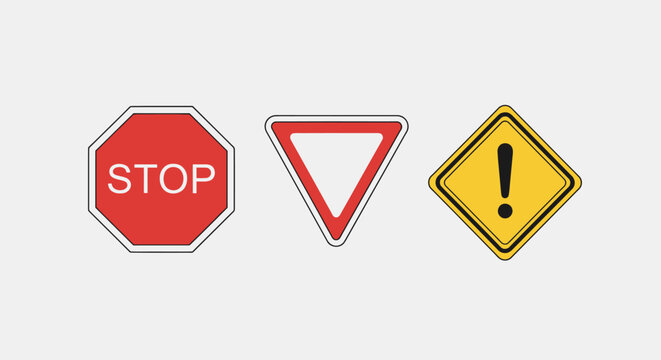 Set of three common road traffic signs including stop yield and warning symbols.