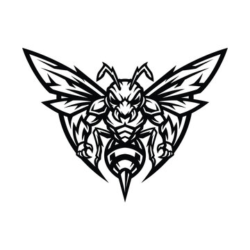 Flying wasp hornet yellowjacket insect esports mascot gaming logo black and white vector