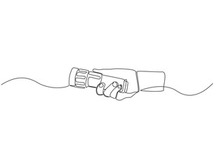 Obraz premium Continuous line drawing of hand holding a flashlight. Single line illustration of hand hold flashlight. Portable equipment concept. Editable outline