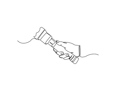 Continuous line drawing of hand holding a flashlight. Single line illustration of hand hold flashlight. Portable equipment concept. Editable outline