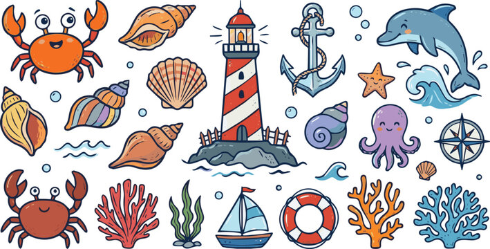 Generated on Hand drawn Sea animals and coastal elements set. Cartoon seashells, corals, anchors, lighthouses, crabs vector art on white background