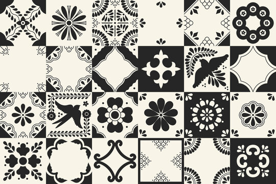 Set of traditional mexican talavera tile patterns. Ceramic art from Puebla. Mediterranean geometric ornament with flowers, leaves, swirls, bird motifs. Vector background.