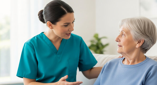 Compassionate young nurse in teal scrubs talking to elderly woman at home, providing home healthcare and medical assistance to senior patient.