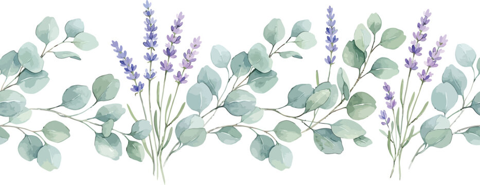 Watercolor floral border with lavender sprigs and eucalyptus leaves for wedding invitation or stationery design vector illustration