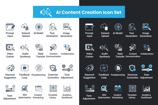 Ai content creation and marketing automation icon collection for digital workflows.