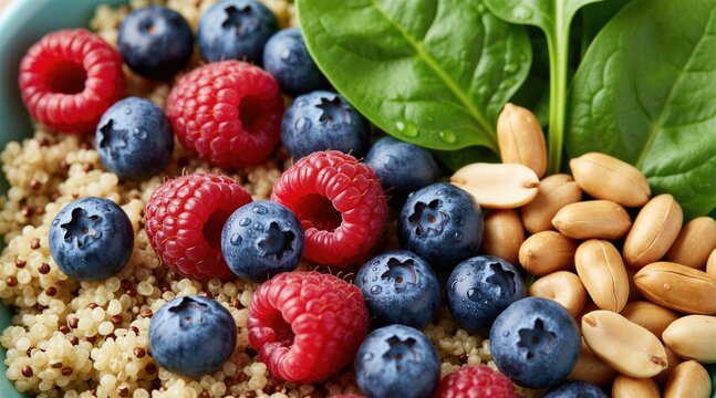 Bowl of quinoa topped with fresh raspberries, blueberries, spinach leaves, peanuts. Healthy superfood mix perfect for breakfast nutritious snack. Vibrant colors, textures create appealing visual for