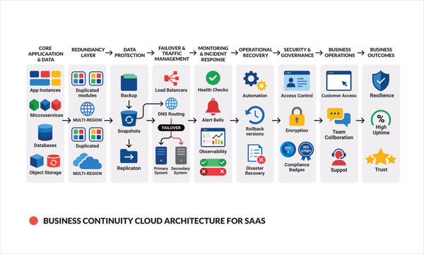 Business continuity cloud architecture for saas with redundancy and disaster recovery.
