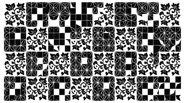 Traditional Japanese pattern with geometric hemp leaf and floral scrolls in black and white monochromatic vector mosaic design for background