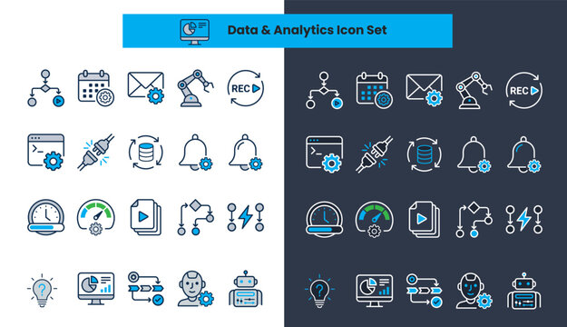 Data and analytics automation icon set for industrial and software monitoring.