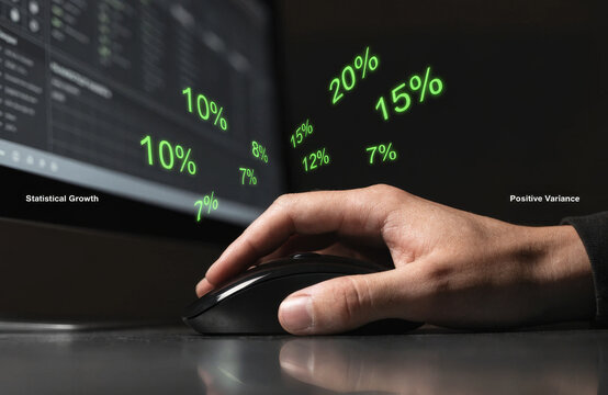 Hand computer mouse statistical growth positive variance percentage technology business finance data analysis digital interface close up of hand using computer mouse with floating green