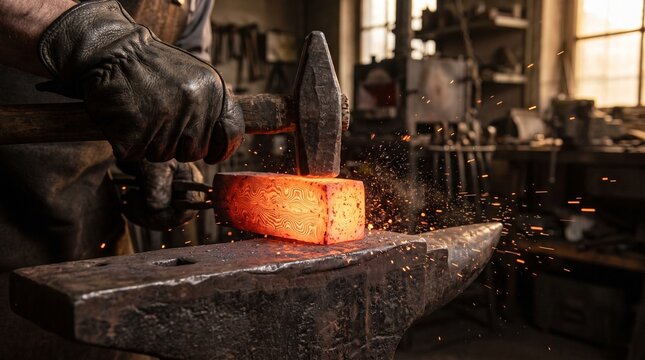 Blacksmith hammering a piece of glowing red hot damascus steel on an anvil with sparks flying in a workshop