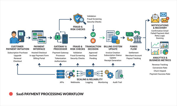 SaaS payment processing workflow with customer payment initiation and fraud risk checks.