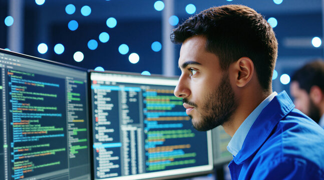 Male cybersecurity expert analyzes complex code on multiple computer screens. He works in a modern office with digital data displays. Focus on IT security professional.