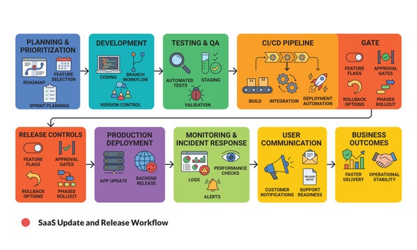 SaaS update and release workflow depicting planning prioritization and development.