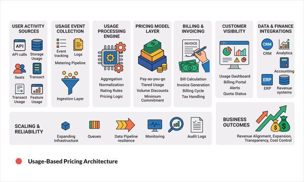 Usage-based pricing architecture with user activity sources and billing invoicing.