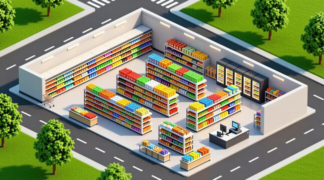 Isometric view of a supermarket interior with full shelves of colorful products. Aisles of goods, refrigerators, and a checkout counter are visible inside the store.